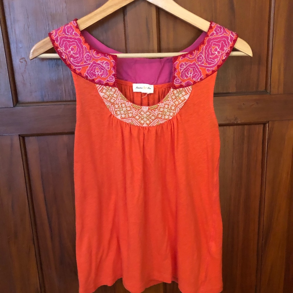 Anthropologie pink and orange embroidered top